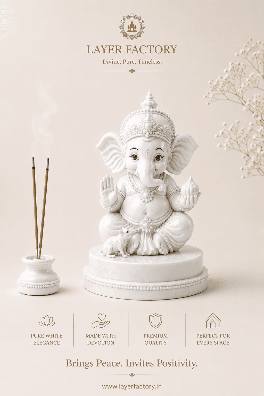 Premium White Ganesha Idol with Mouse | Ganpati Murti for Home Temple, Pooja Room, Diwali & Gifting