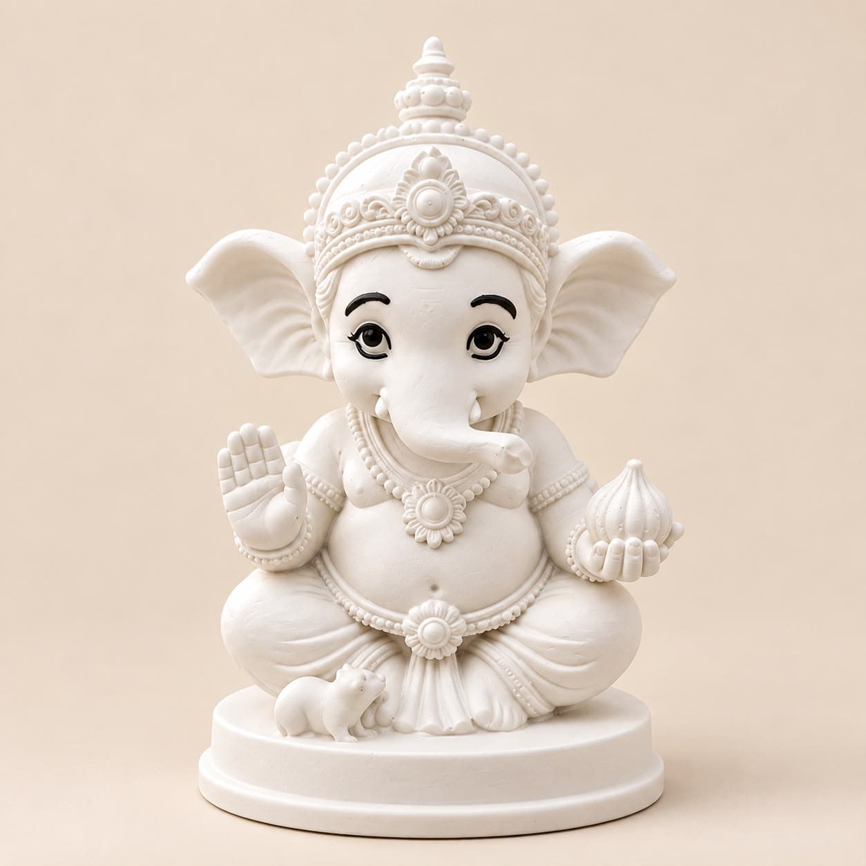 Premium White Ganesha Idol with Mouse | Ganpati Murti for Home Temple, Pooja Room, Diwali & Gifting – Statues – front view